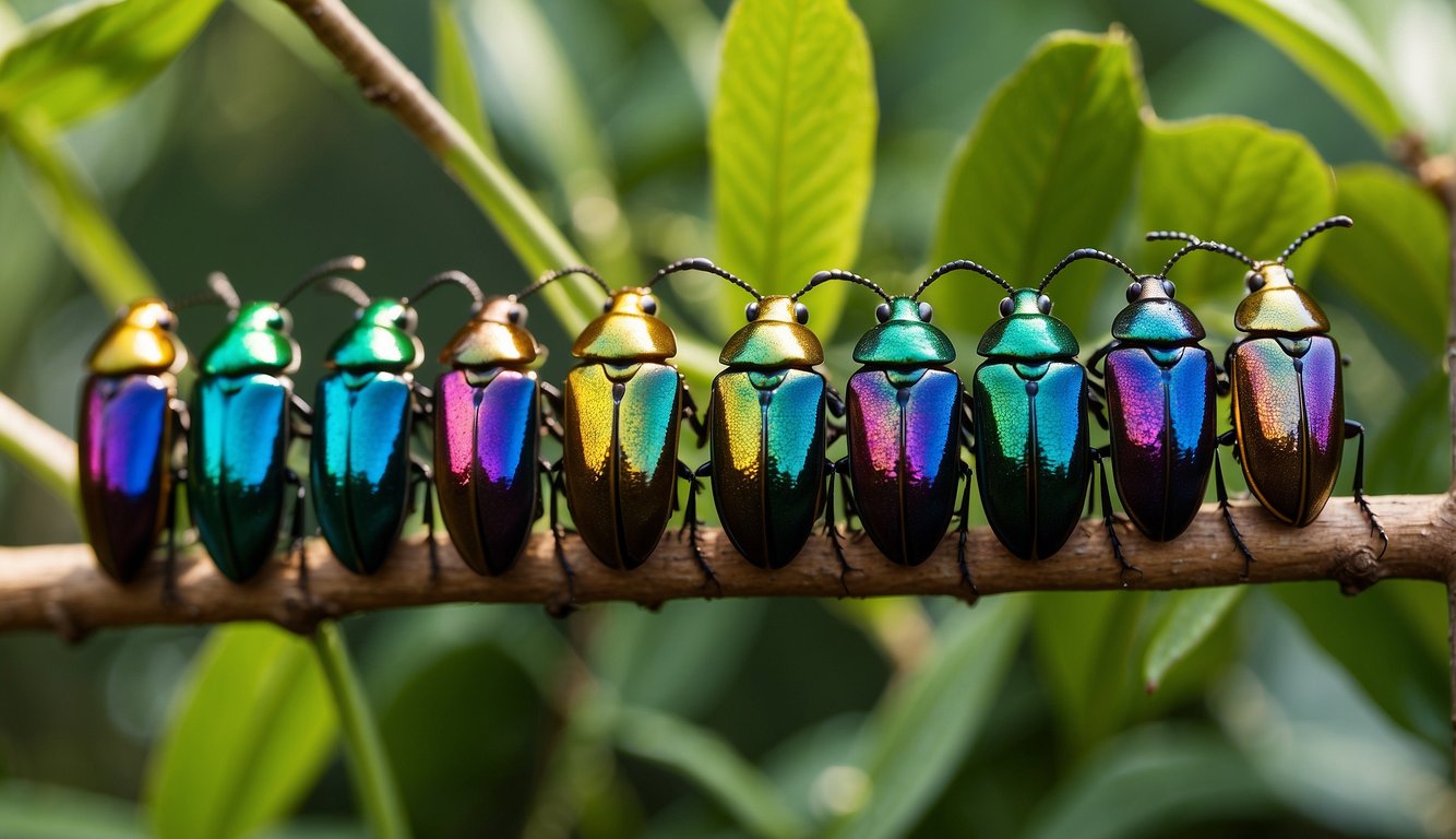 A group of jewel beetles shimmer in various iridescent colors, perched on vibrant green leaves and twigs, showcasing their dazzling beauty in the sunlight