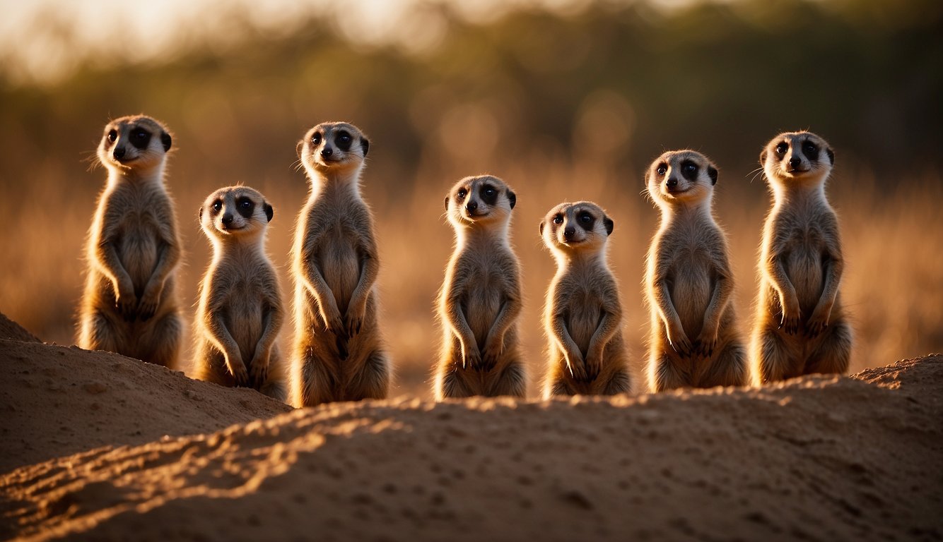 A group of meerkats emerge from their underground burrow, their curious eyes scanning the horizon for potential threats.

The warm glow of the setting sun casts long shadows across the savannah, as the meerkats stand alert, ready to defend their