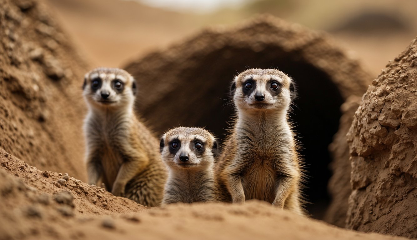 Meerkats burrow into the sandy earth, their tunnel network stretching beneath the African savanna.

A family of meerkats stands guard, their alert eyes scanning the horizon for danger