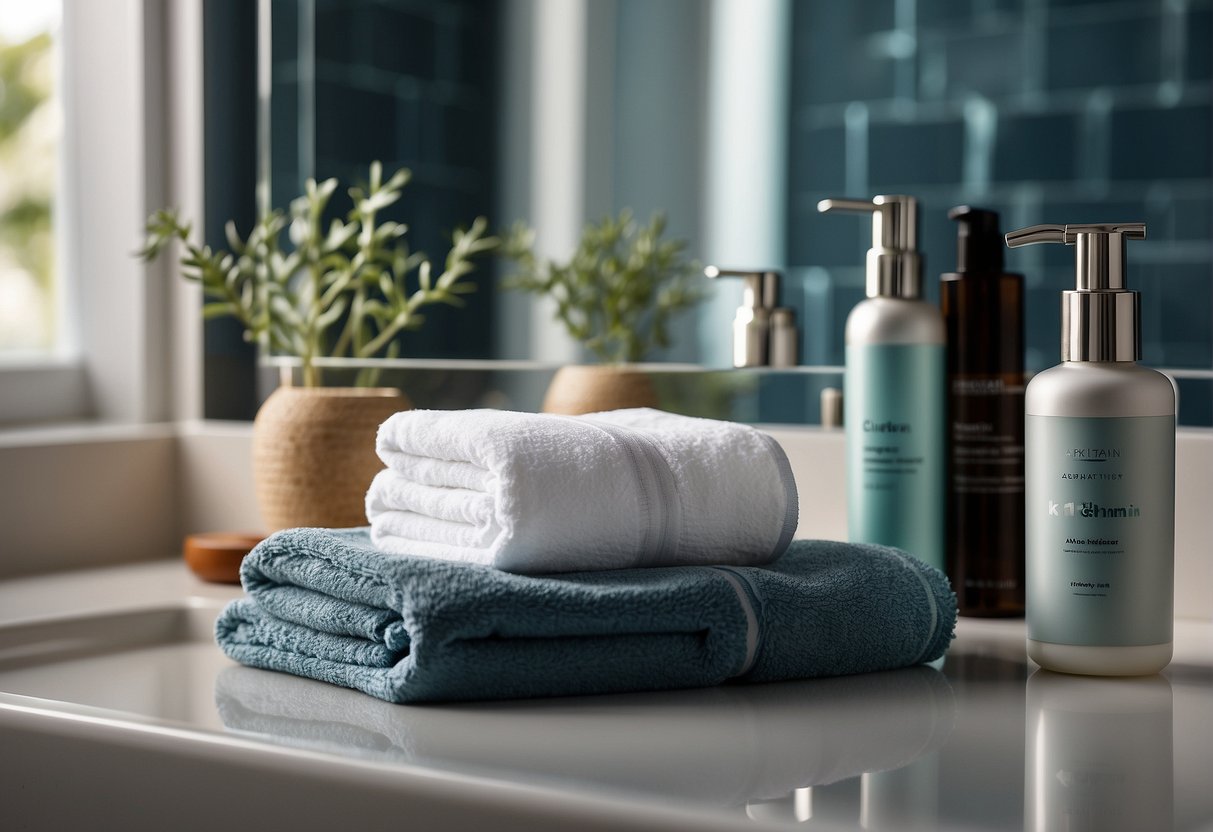 A man's bathroom counter with skincare products neatly arranged: cleanser, exfoliator, moisturizer, and sunscreen. A towel and razor sit nearby
