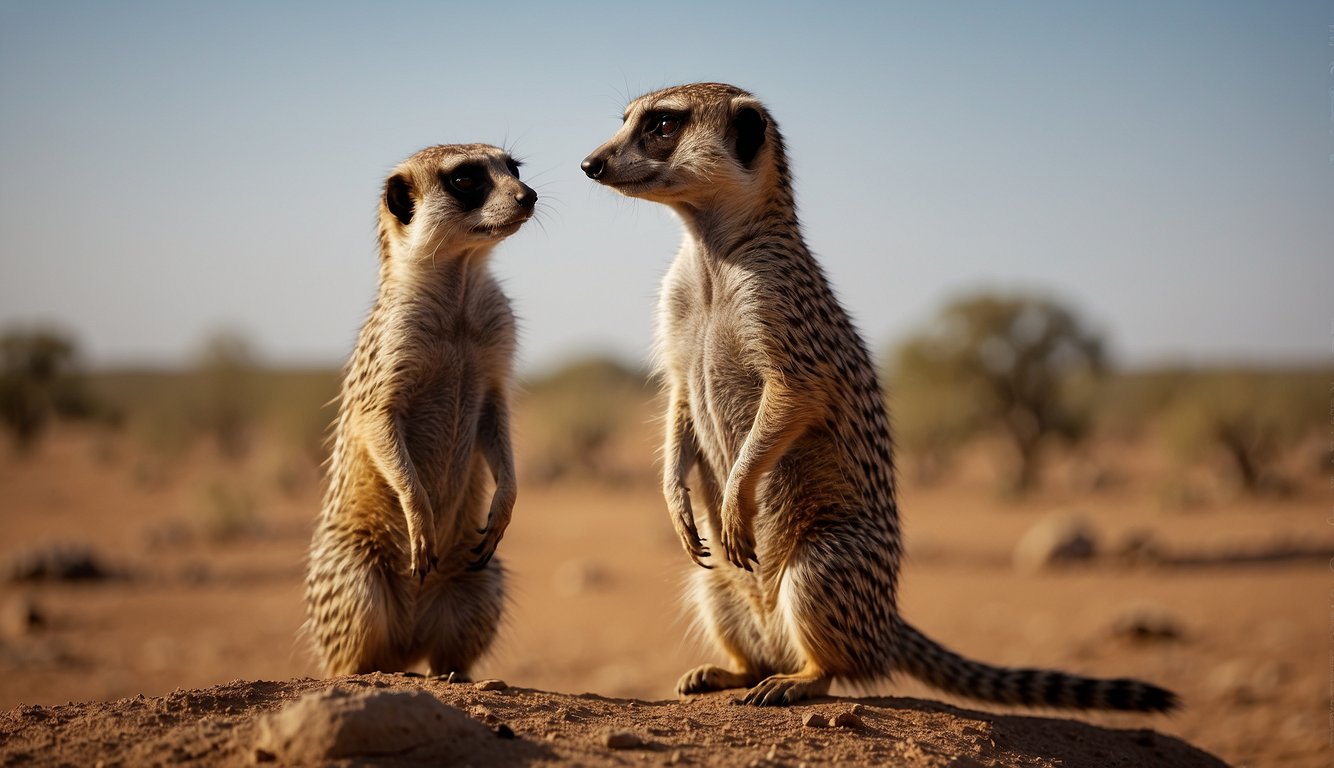 A meerkat stands alert, scanning the horizon as its family forages for food.

The dry savannah stretches out behind them, with scattered acacia trees and the occasional termite mound
