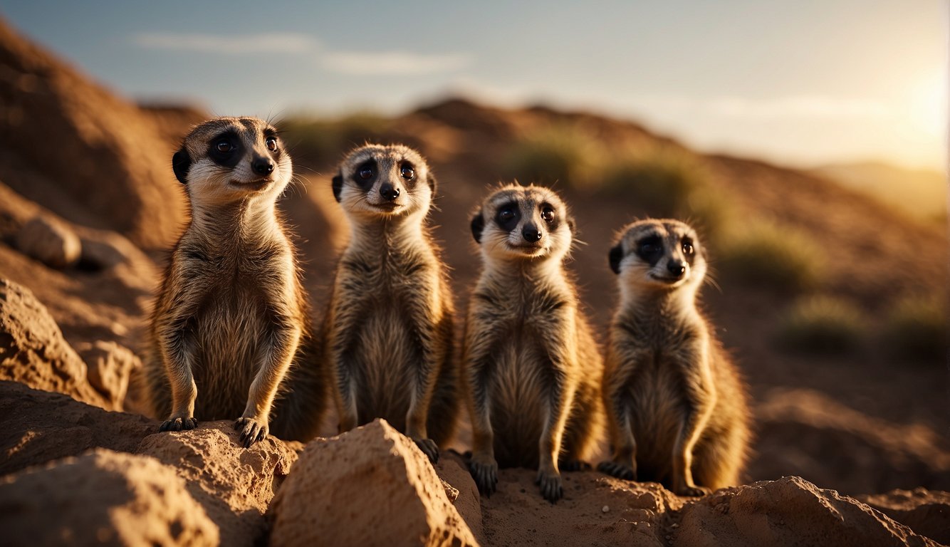 A group of meerkats emerges from their underground burrow, their curious eyes scanning the horizon for potential threats.

The sun casts a warm glow on their sleek fur as they stand tall, alert and ready for any danger