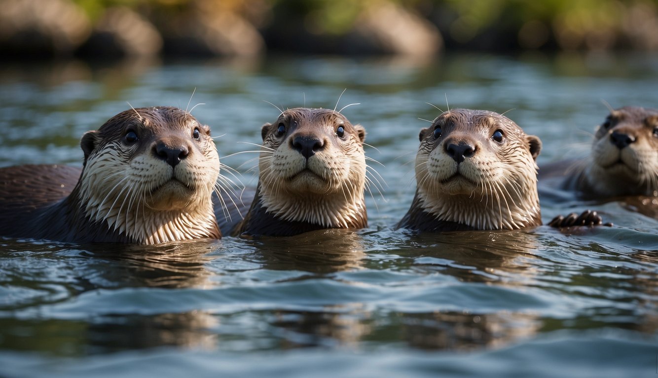 A group of otters playfully swim and frolic in a winding river, their sleek bodies gliding through the water as they chase each other and dive for fish