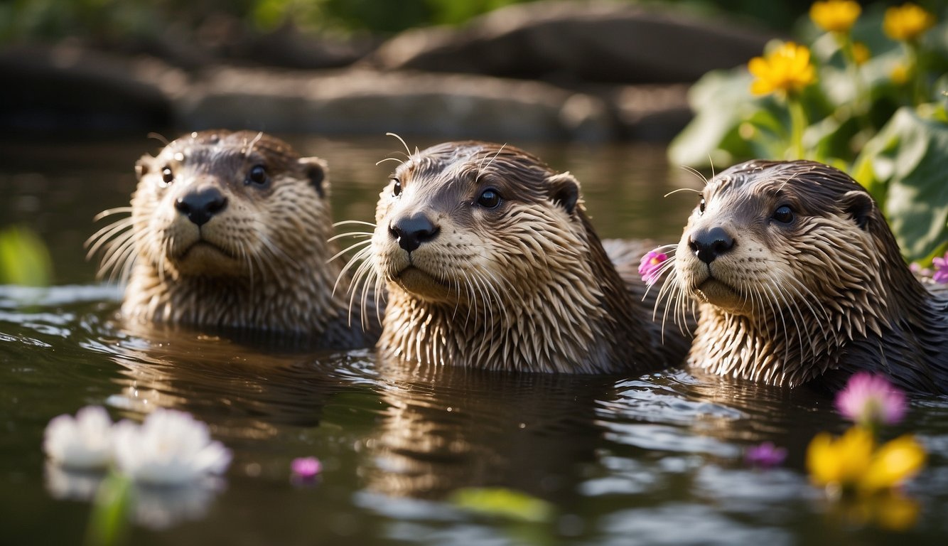 A family of otters playfully swims in a river, surrounded by lush greenery and colorful flowers.

The sun glistens on the water as the otters frolic and splash, showcasing the diverse world of these river friends