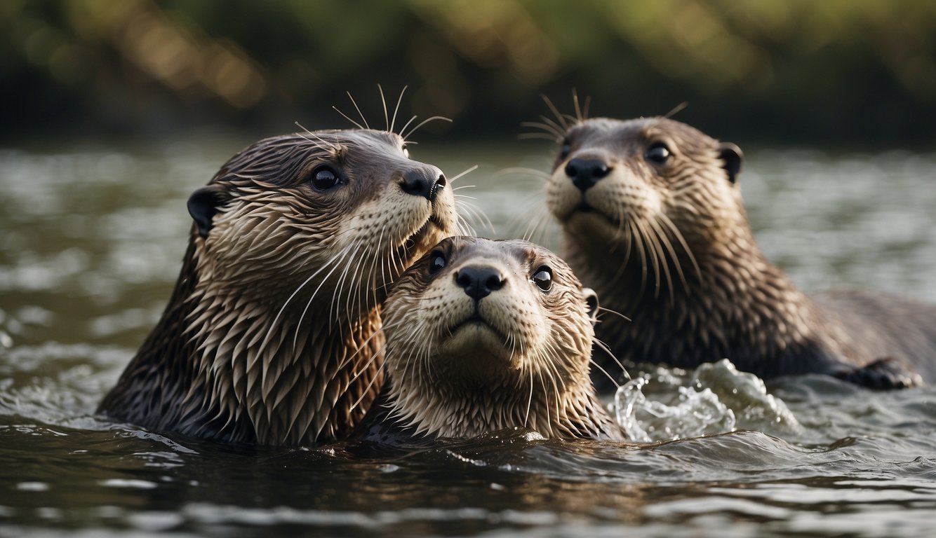 A group of otters playfully splash and chase each other in a river, while others groom and rest on the banks.

They communicate with chirps and whistles, displaying their strong social bonds