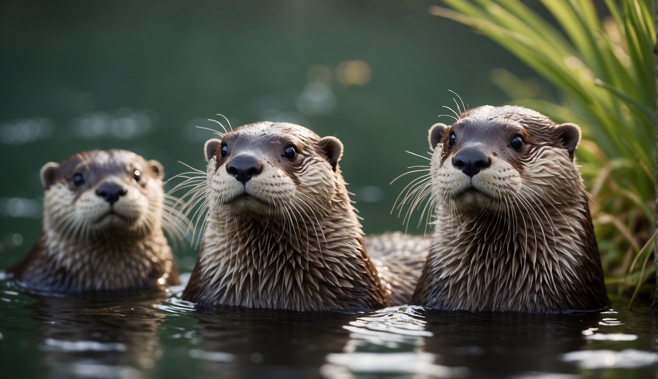 An otter family swims in a river, diving for fish and playing together.

They use their webbed feet and sleek bodies to navigate the water with ease