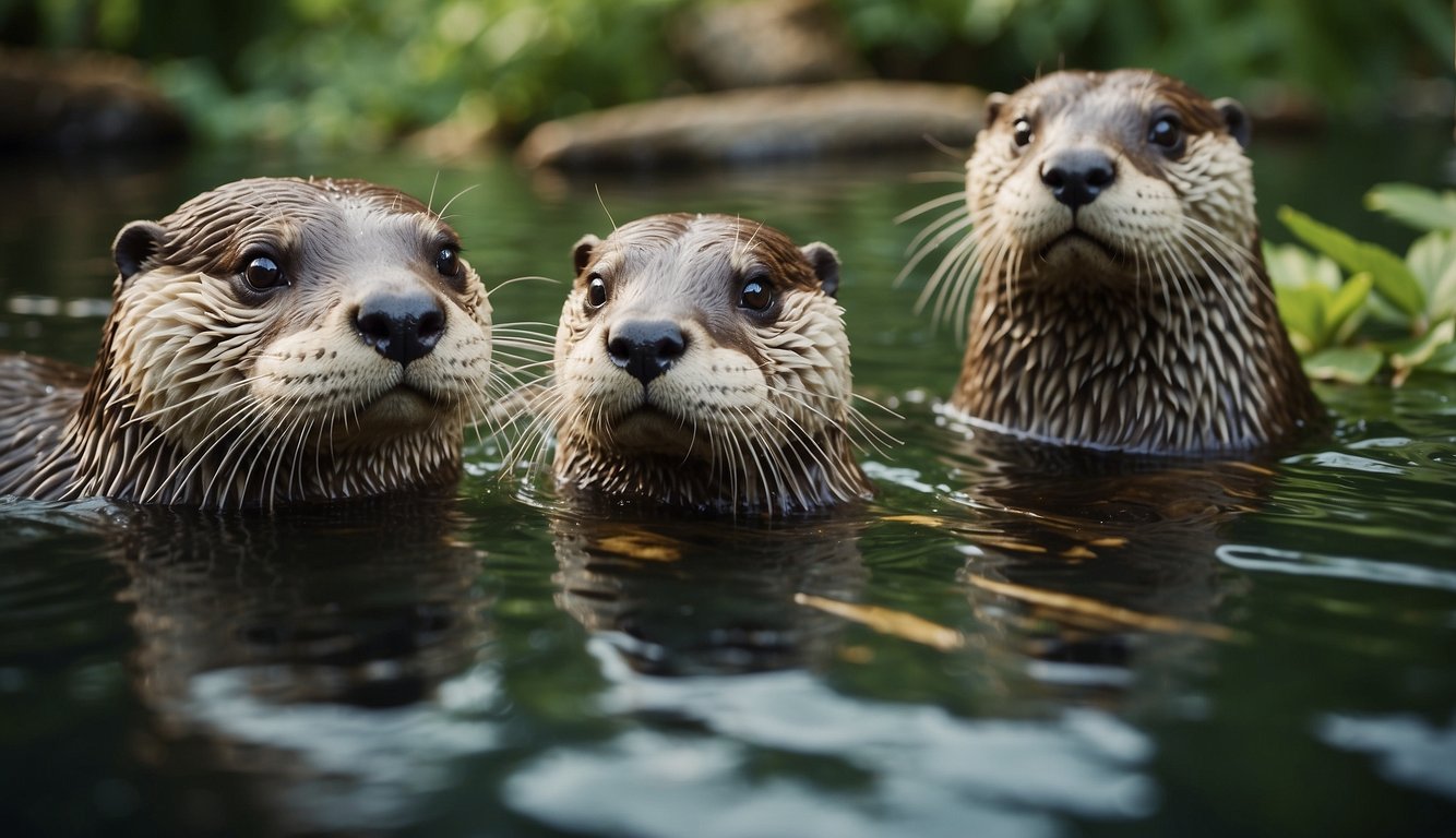 Otters playfully swimming in a clean river, surrounded by lush greenery and colorful fish.

A group of people are observing and learning about otter conservation efforts