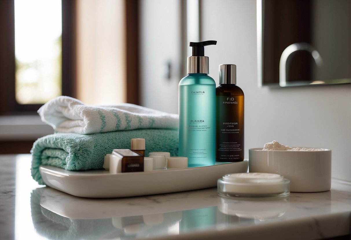 A bathroom counter with various skincare products arranged neatly, including cleanser, moisturizer, exfoliator, and sunscreen. A towel and razor are also present
