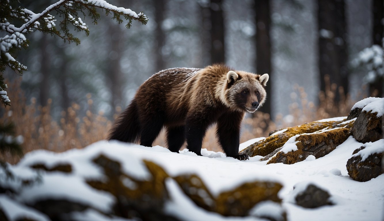 A lone wolverine prowls through a snowy wilderness, its fur blending with the white landscape.

Tall trees and distant mountains provide a dramatic backdrop