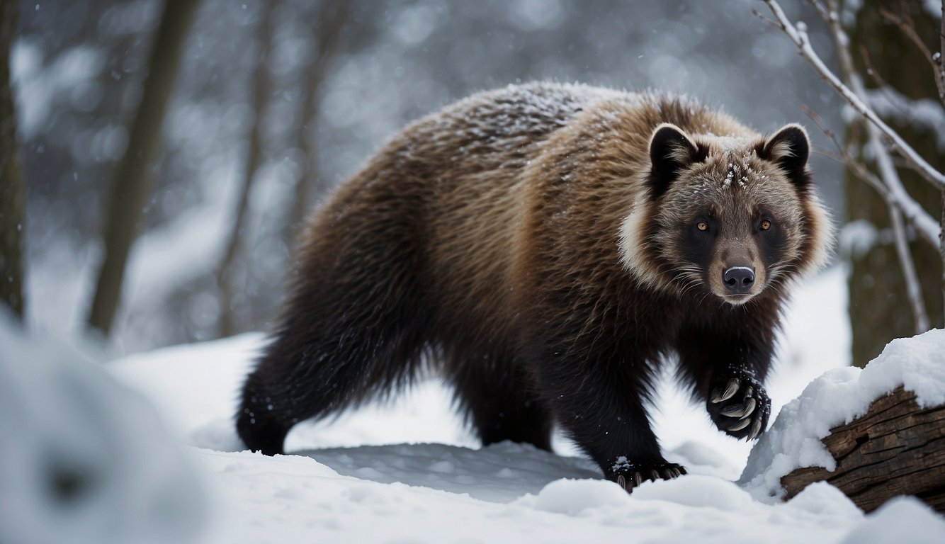 A wolverine prowls through a snowy forest, its fur blending with the white landscape.

It pauses to sniff the air, its sharp eyes scanning for prey