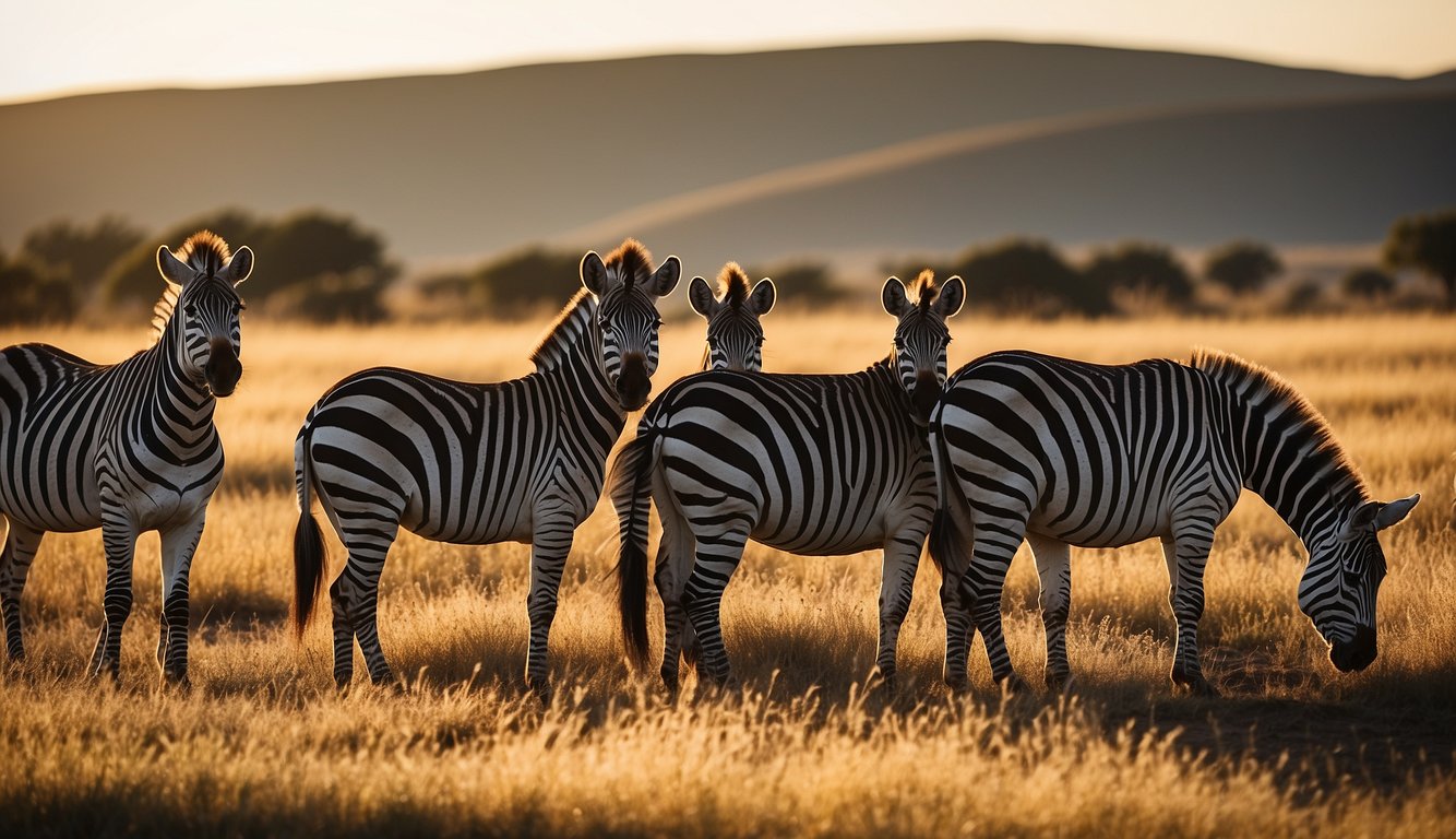 A herd of zebras roam the golden grasslands, their black and white stripes blending seamlessly into the surrounding landscape.

The sun casts long shadows as the zebras graze and mingle, creating a mesmerizing pattern of movement and unity
