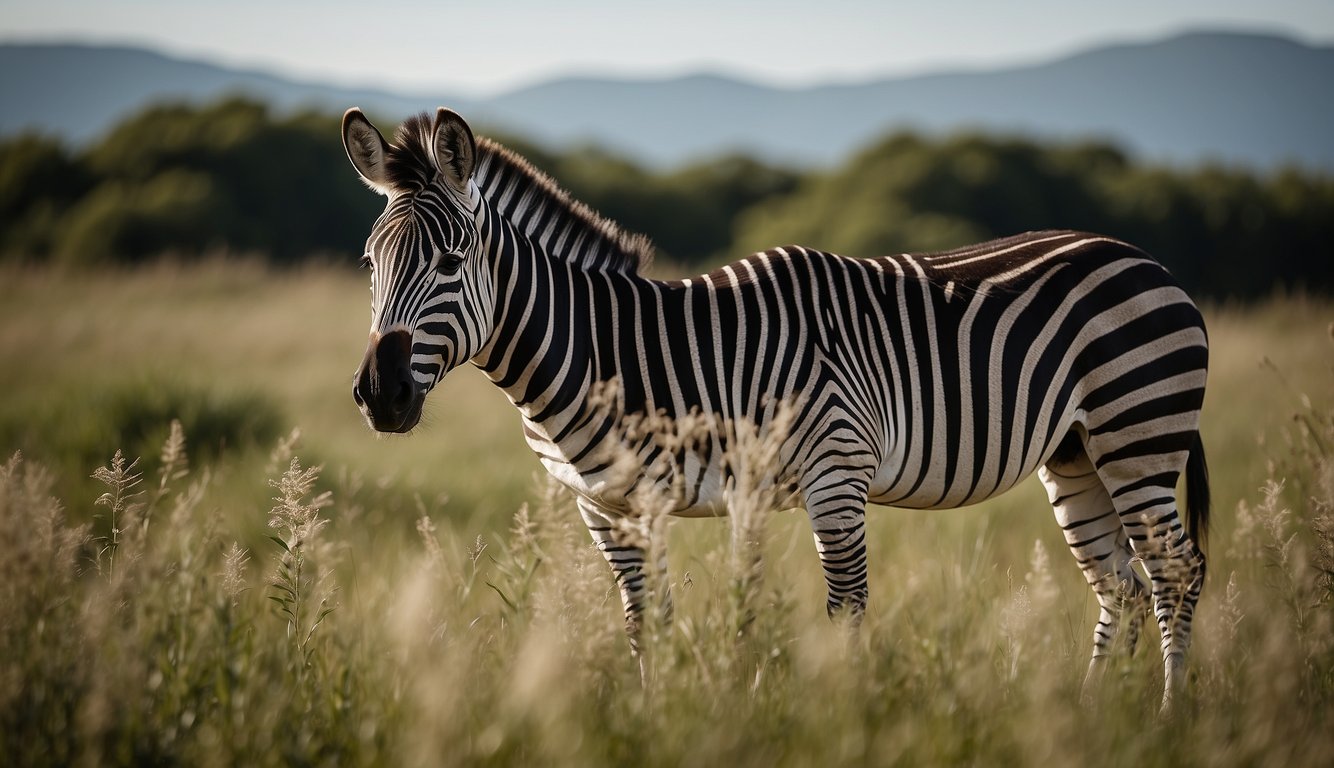 A zebra stands tall in the grasslands, its bold black and white stripes blending seamlessly with the surrounding vegetation, serving as a defense mechanism against predators