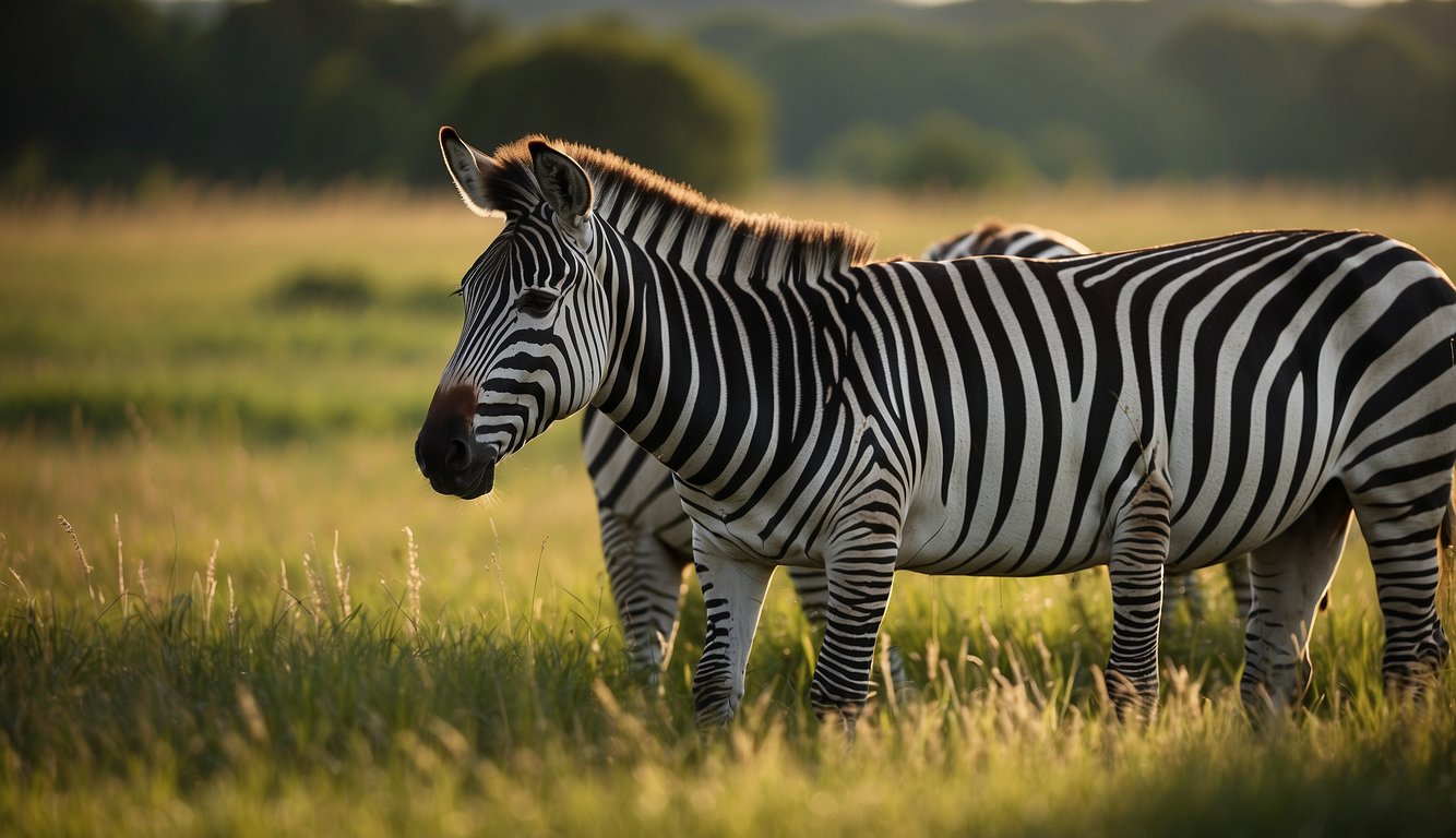 Zebras graze in the grasslands, their black and white stripes creating a mesmerizing pattern against the green backdrop.

The sun casts shadows, adding depth to their unique coat