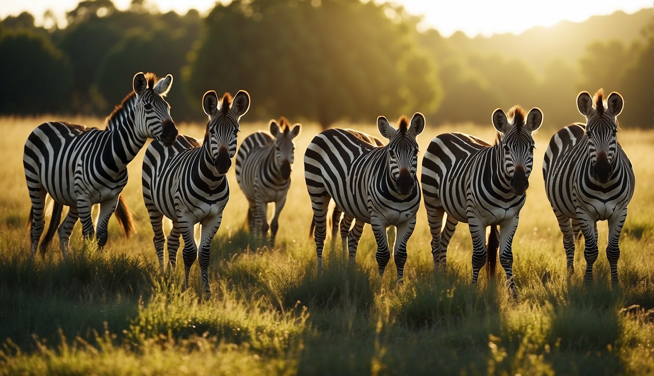 A herd of zebras grazes in the golden grasslands, their bold black and white stripes standing out against the lush green backdrop.

The sun casts long shadows as the zebras move gracefully through the ecosystem