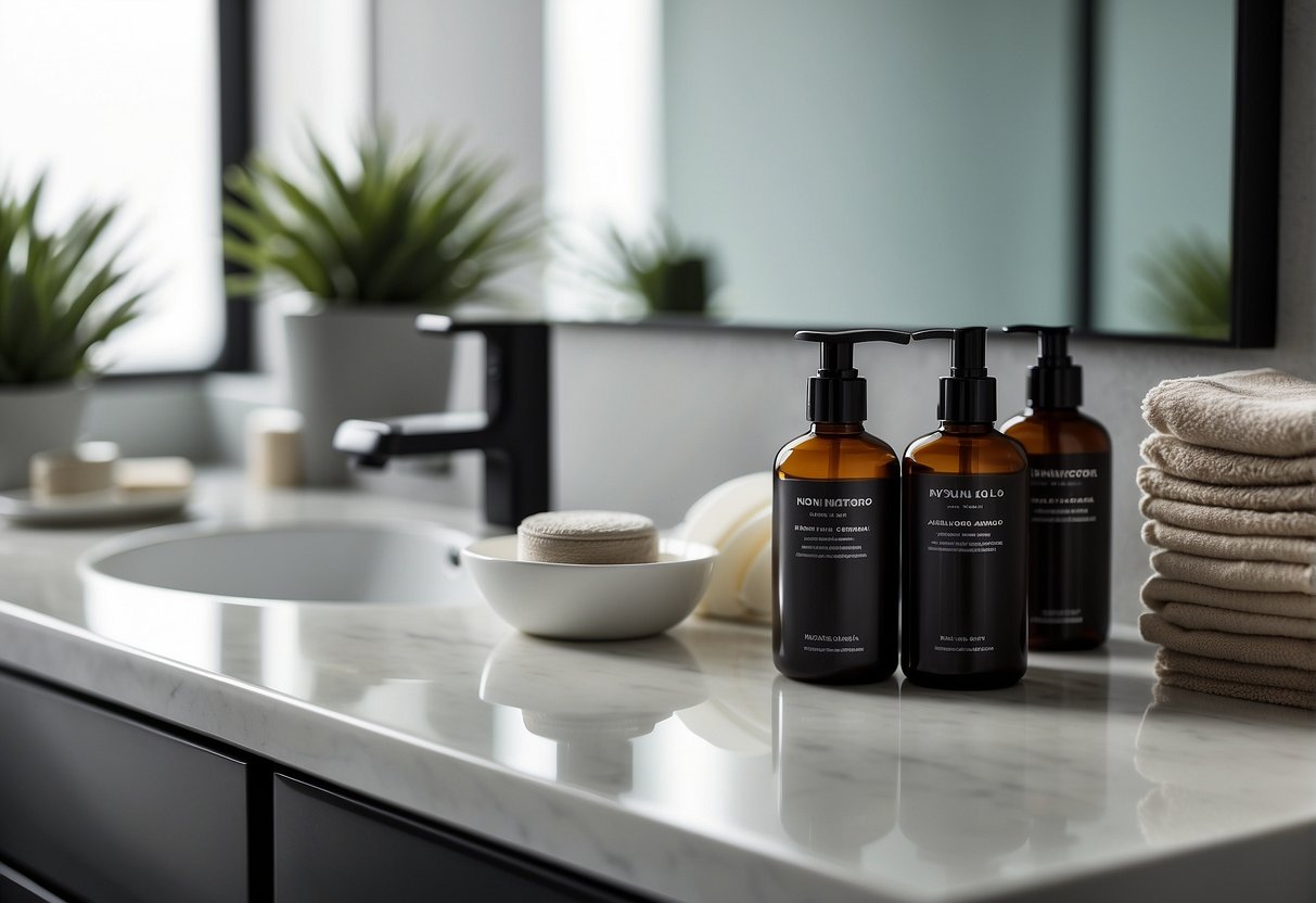 A bathroom counter with neatly arranged skincare products and a towel, reflecting a consistent and organized skincare routine for men