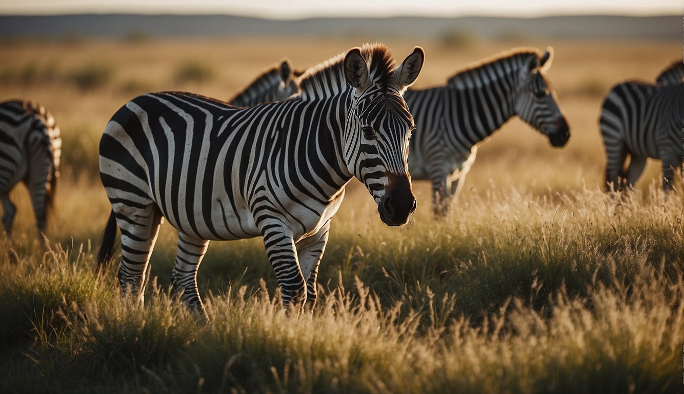Zebras roam the grasslands, their black and white stripes blending into the tall, swaying grass.

The sun casts shadows across the landscape, creating a mesmerizing pattern of light and dark