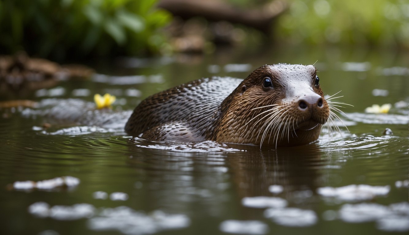 A platypus splashes in a serene Australian creek, surrounded by lush greenery and vibrant wildflowers.

Its unique bill and webbed feet are on display as it playfully explores its natural habitat