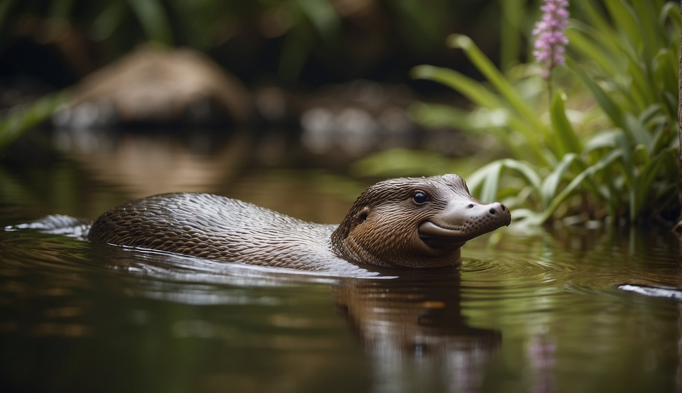 A platypus swims gracefully in a clear stream, surrounded by lush green vegetation and colorful native Australian flora
