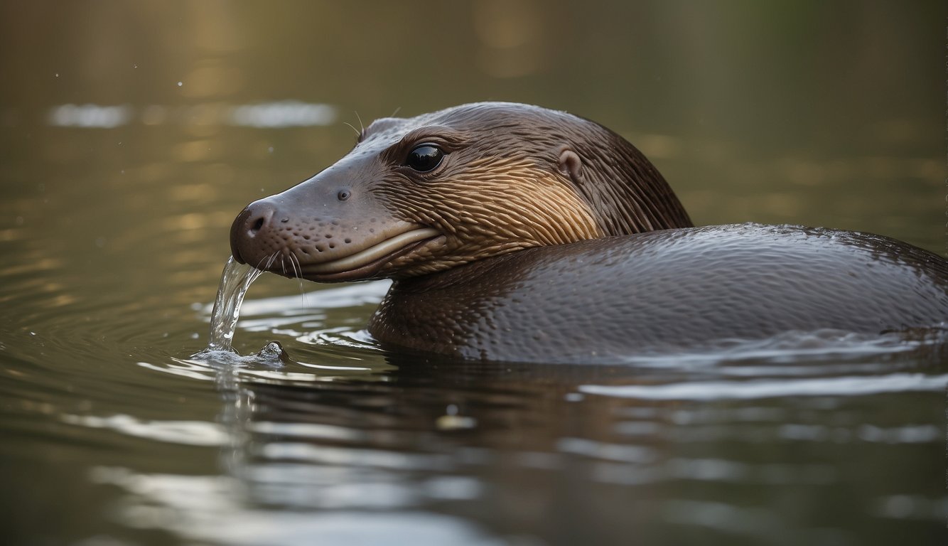 A platypus swims gracefully in a clear stream, its bill skimming the water as it searches for food.

Nearby, another platypus frolics in the shallows, its sleek body twisting and turning in playful abandon