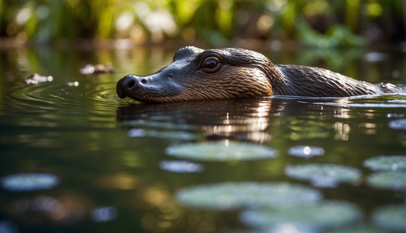 A platypus swimming in a clear, shallow stream, surrounded by lush greenery and colorful native Australian plants.

The sun is shining, casting dappled light on the water's surface