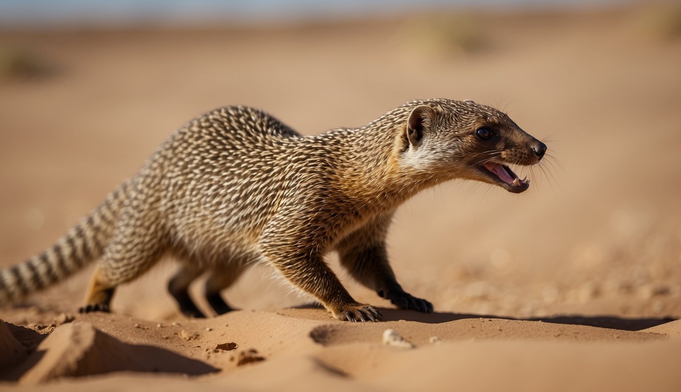A mongoose swiftly dodges a striking cobra, its sharp claws poised for attack in the sandy desert