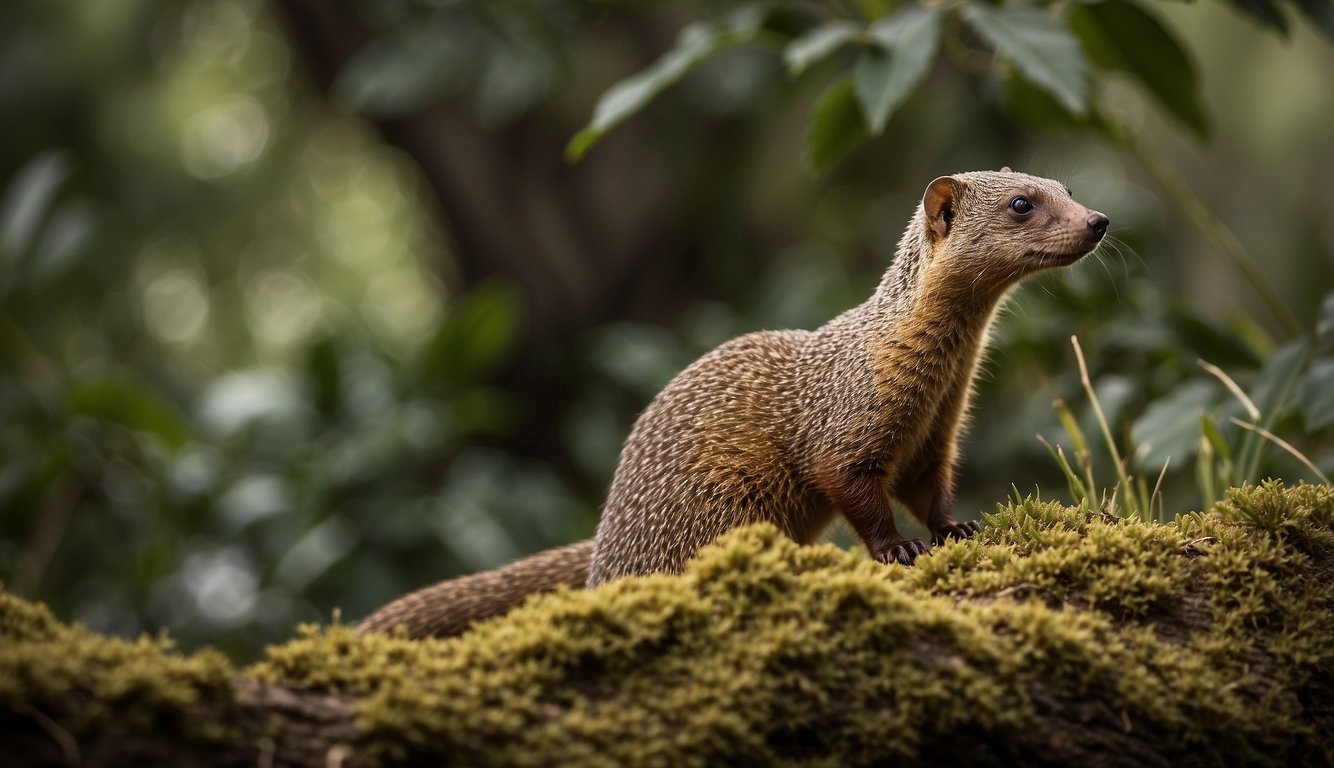A mongoose stands tall, its sleek body coiled and ready to strike.

Its eyes gleam with determination, focused on its prey. The surrounding foliage adds to the air of mystery and danger