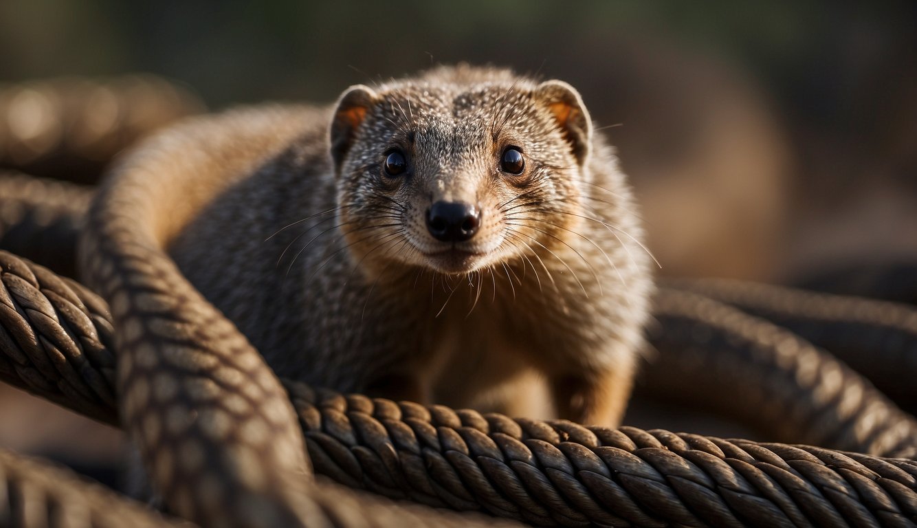 A mongoose stands tall, surrounded by coiled snakes.

Its eyes gleam with determination as it prepares to unleash its secret fighting techniques