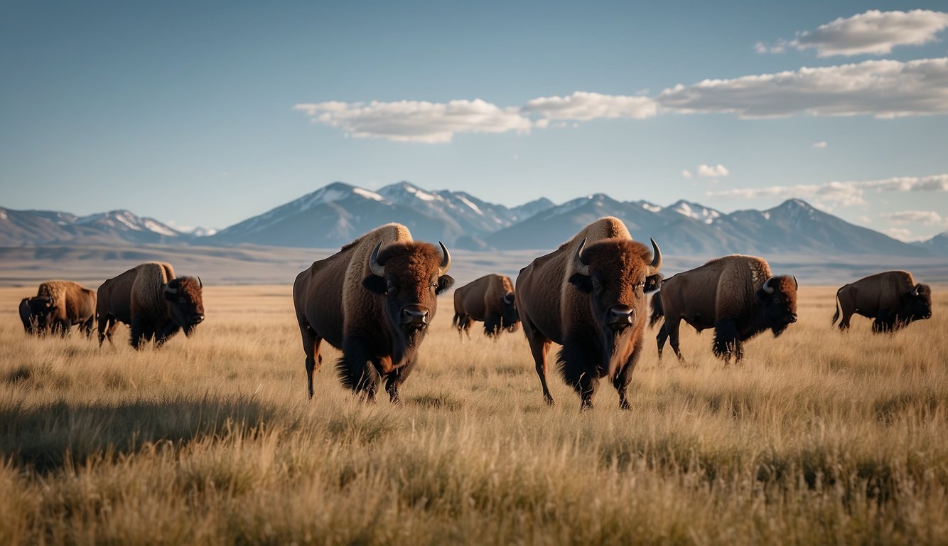 Bison roam vast grasslands under a clear blue sky, with mountains in the distance and a gentle breeze rustling the prairie grass