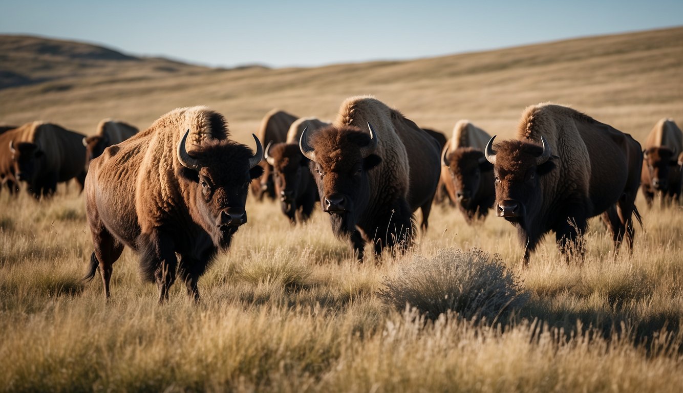 A herd of bison grazes on the vast Great Plains, surrounded by rolling hills and wild grasses, under a clear blue sky