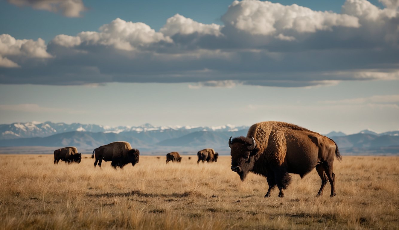 Bison roam the vast plains, grazing peacefully among human activities.

The landscape is dotted with grazing bison, while in the distance, human structures and activities can be seen