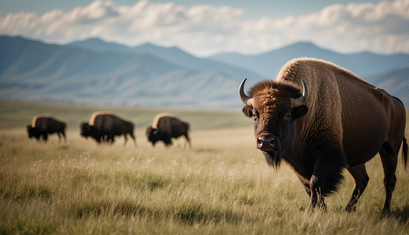 Bison roam freely across the vast Great Plains, grazing on the lush grasses under the open sky, with rolling hills and distant mountains in the background