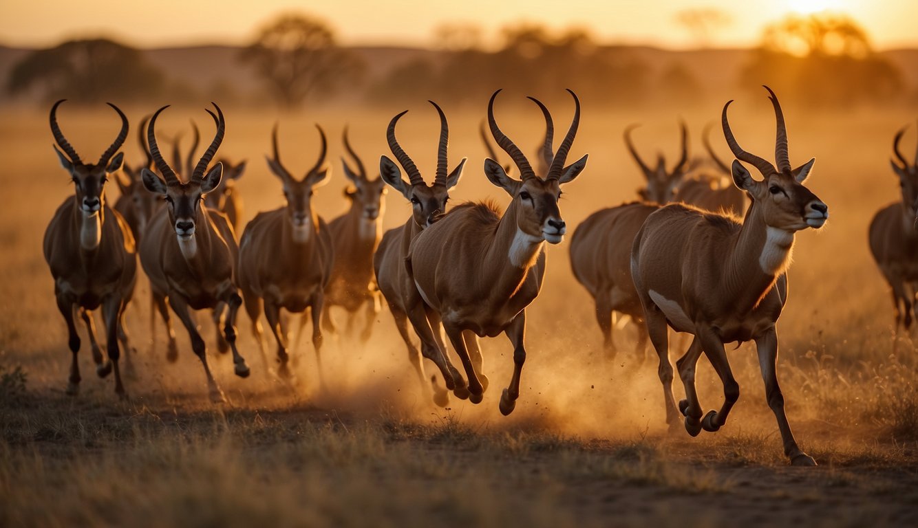 A herd of antelopes sprints across the golden savannah, their powerful legs propelling them forward with grace and speed.

The sun sets in the distance, casting a warm glow over the landscape