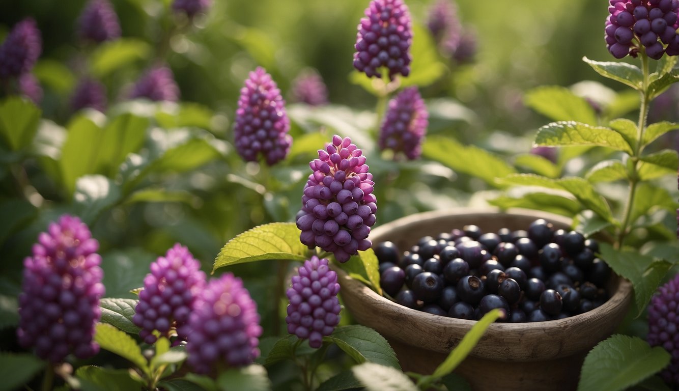 A garden with blooming beautyberry bushes surrounded by gardening tools and care instructions