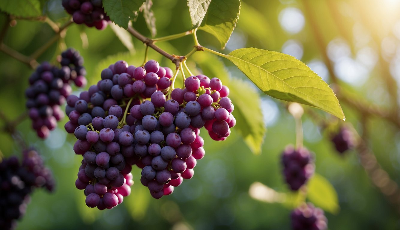 A cluster of vibrant beautyberries hangs from a branch, showcasing their edibility and nutritional value