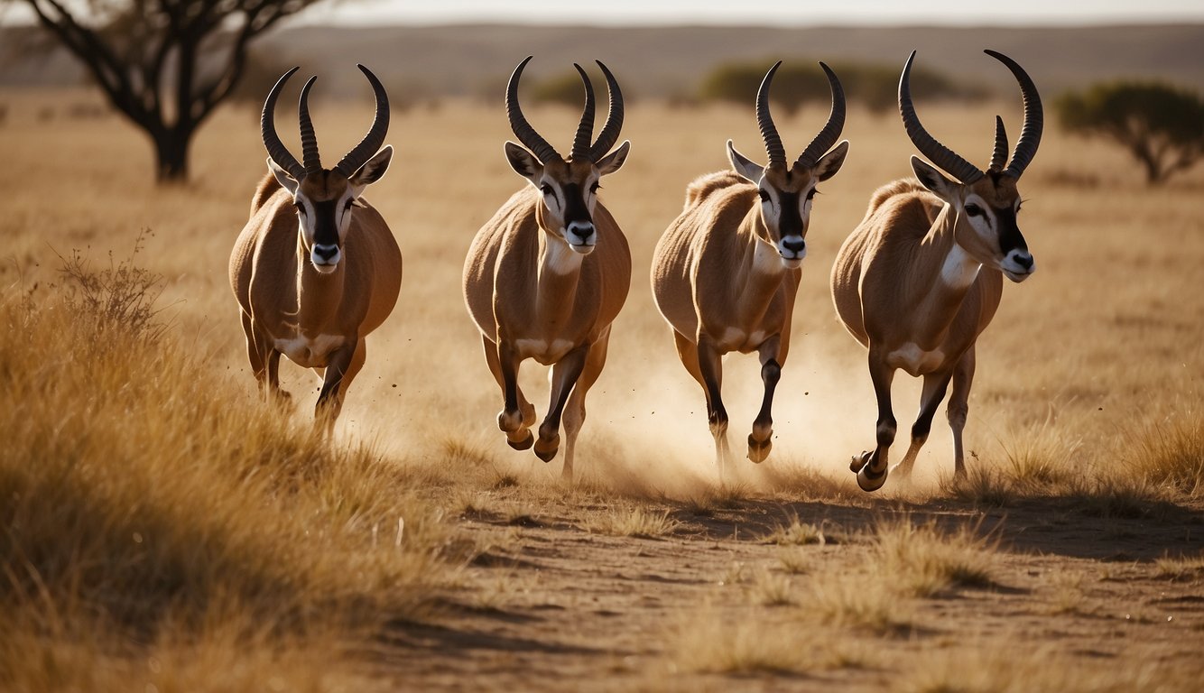 Antelopes sprint across the open savannah, their powerful legs propelling them forward in a race for survival.

The sun beats down on the golden grass as the antelopes navigate the terrain with grace and agility