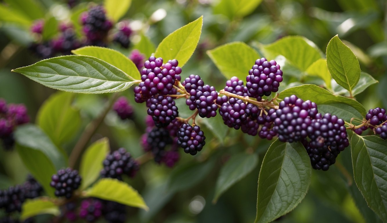 A beautyberry bush with vibrant purple clusters, surrounded by various wildlife and insects, showcasing its potential uses and benefits