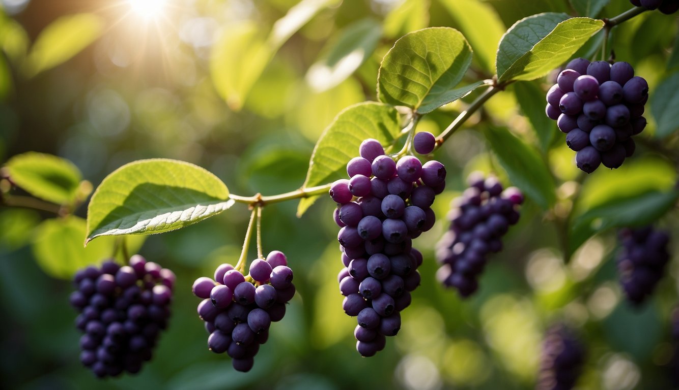 A beautyberry bush stands in a garden, with vibrant purple berries hanging from its branches. The leaves are a rich green, and the sunlight casts a warm glow over the scene