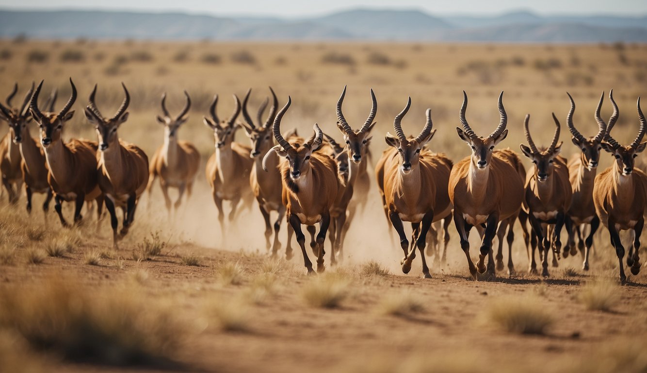 A herd of antelopes sprints across the vast savannah, their powerful legs propelling them forward with grace and agility