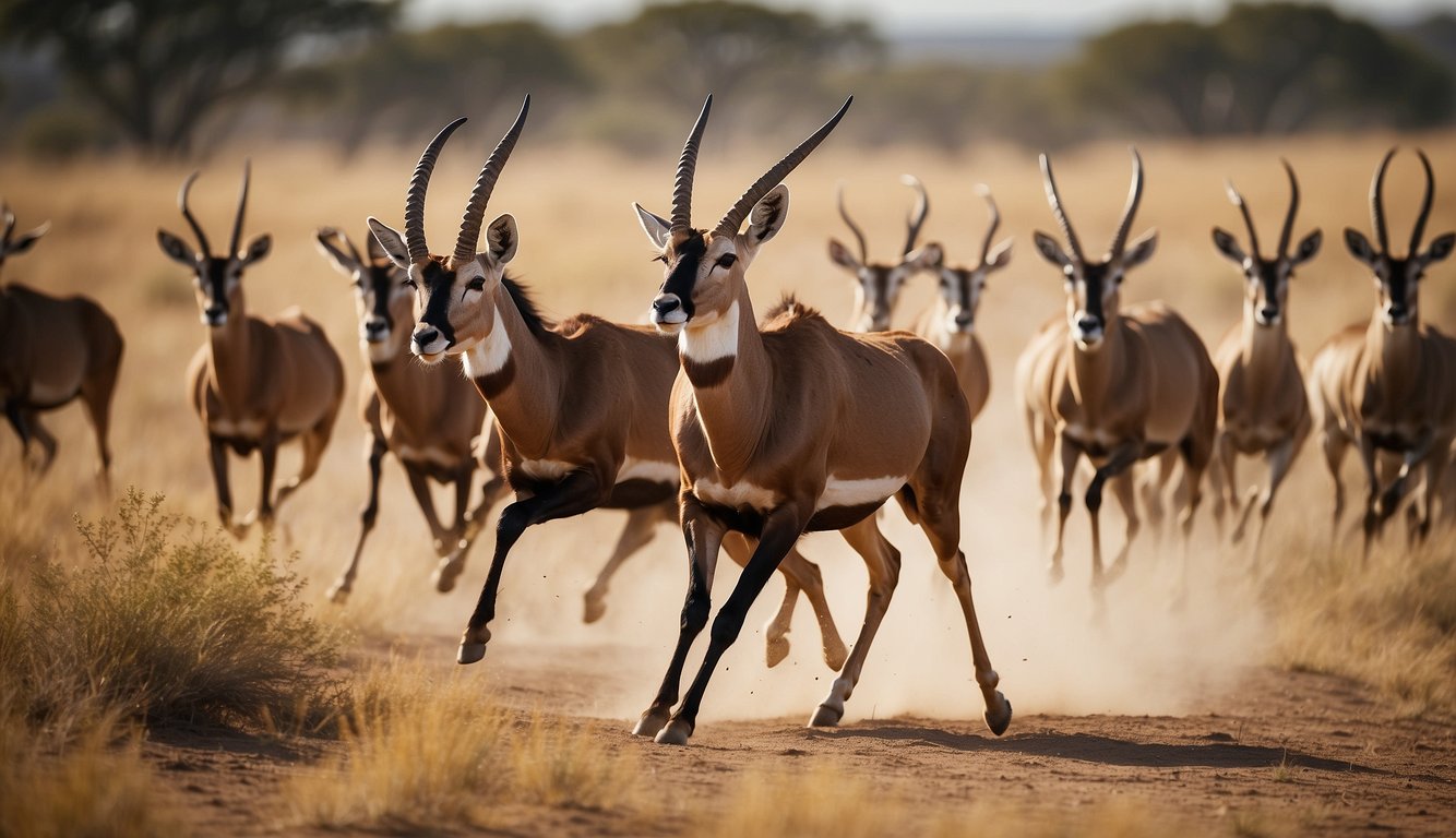 A herd of antelopes racing across the open savannah, dodging obstacles and predators, showcasing their incredible speed and agility