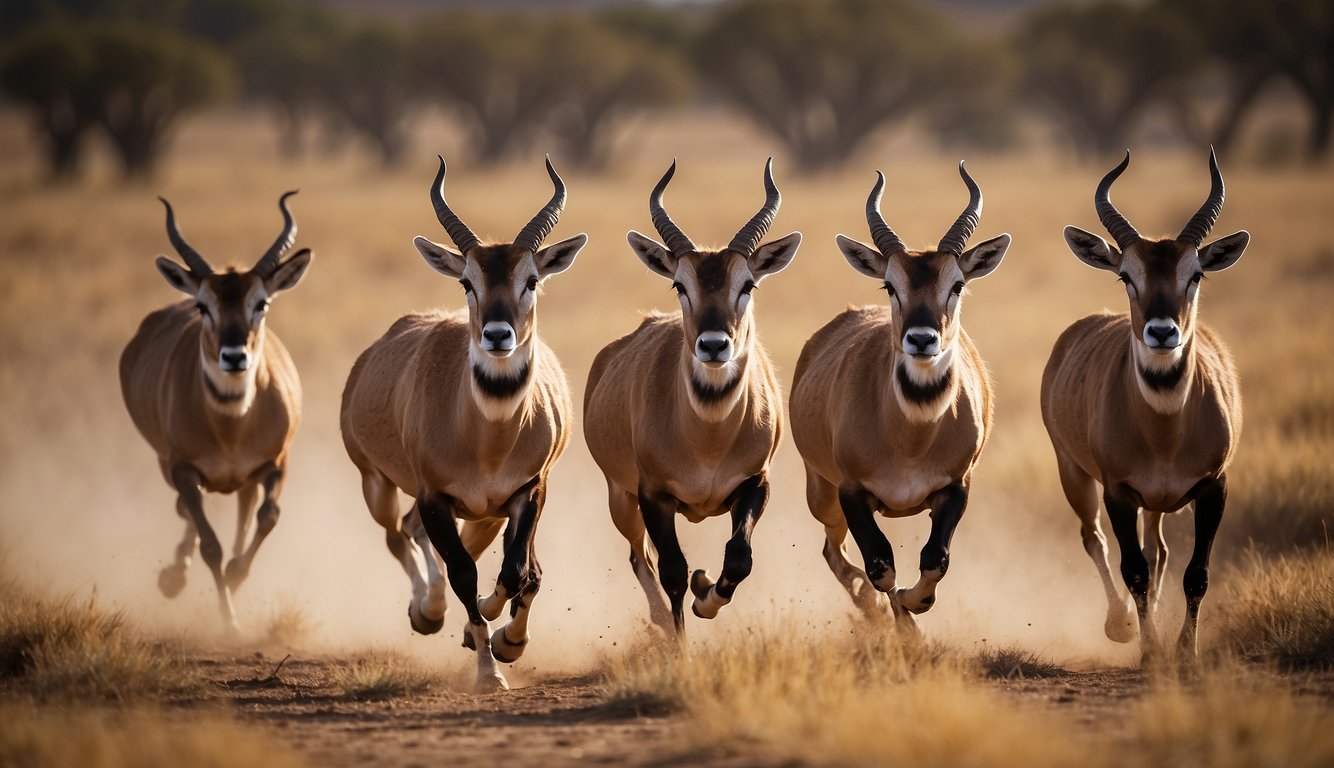 A group of antelopes sprint across the open savannah, their sleek bodies and powerful legs propelling them forward with impressive speed and grace