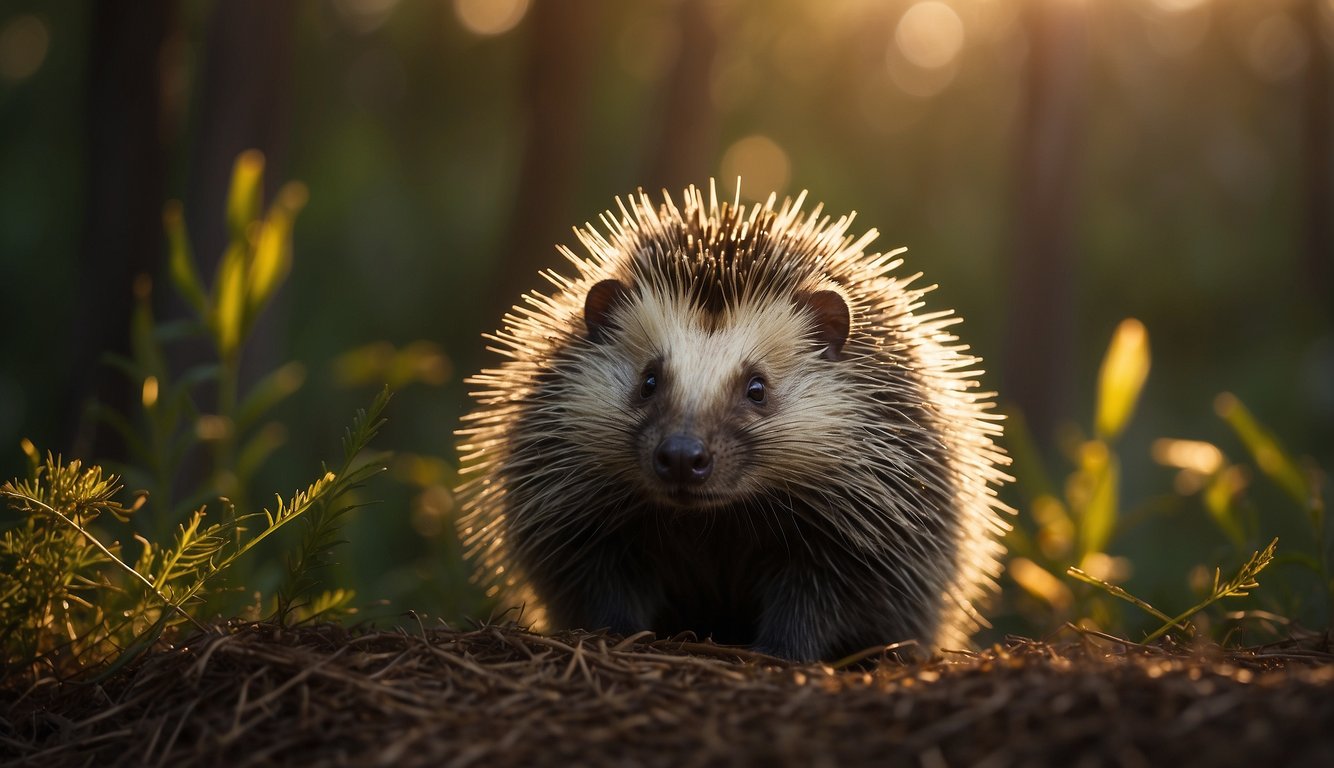 A porcupine raises its quills as it cautiously approaches a rustling in the underbrush.

The sun casts a warm glow on the sharp, mysterious spines