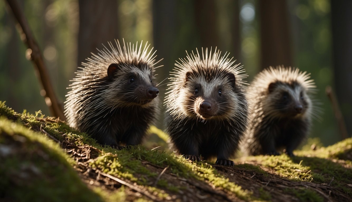 A family of porcupines forages for food in a dense forest, their sharp quills glistening in the sunlight.

They move cautiously, aware of their surroundings, as they navigate the wild terrain