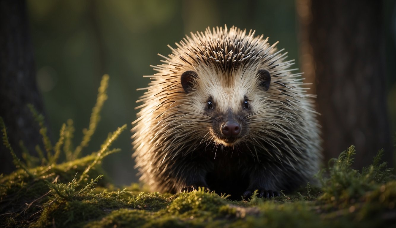 A porcupine raises its quills in defense, creating a halo of sharp, pointed spines