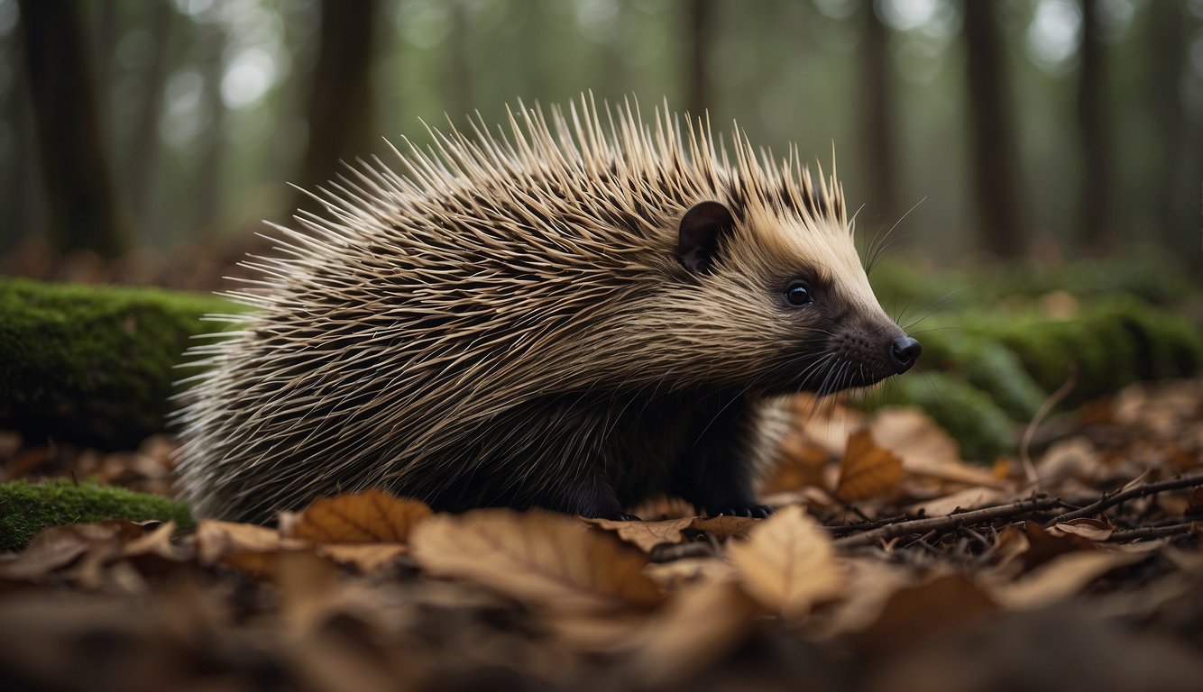 A porcupine sits on a forest floor, surrounded by fallen leaves and twigs.

Its quills are raised, creating a halo of sharp spines around its body
