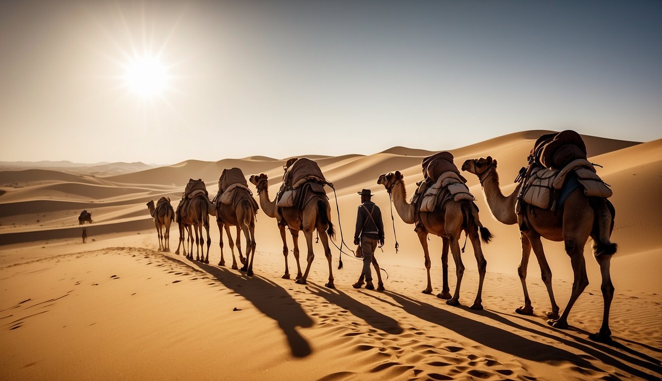 Camel caravans trek across the vast desert, with towering sand dunes and a scorching sun in the background.

The camels are laden with heavy packs, and their riders are dressed in traditional desert attire