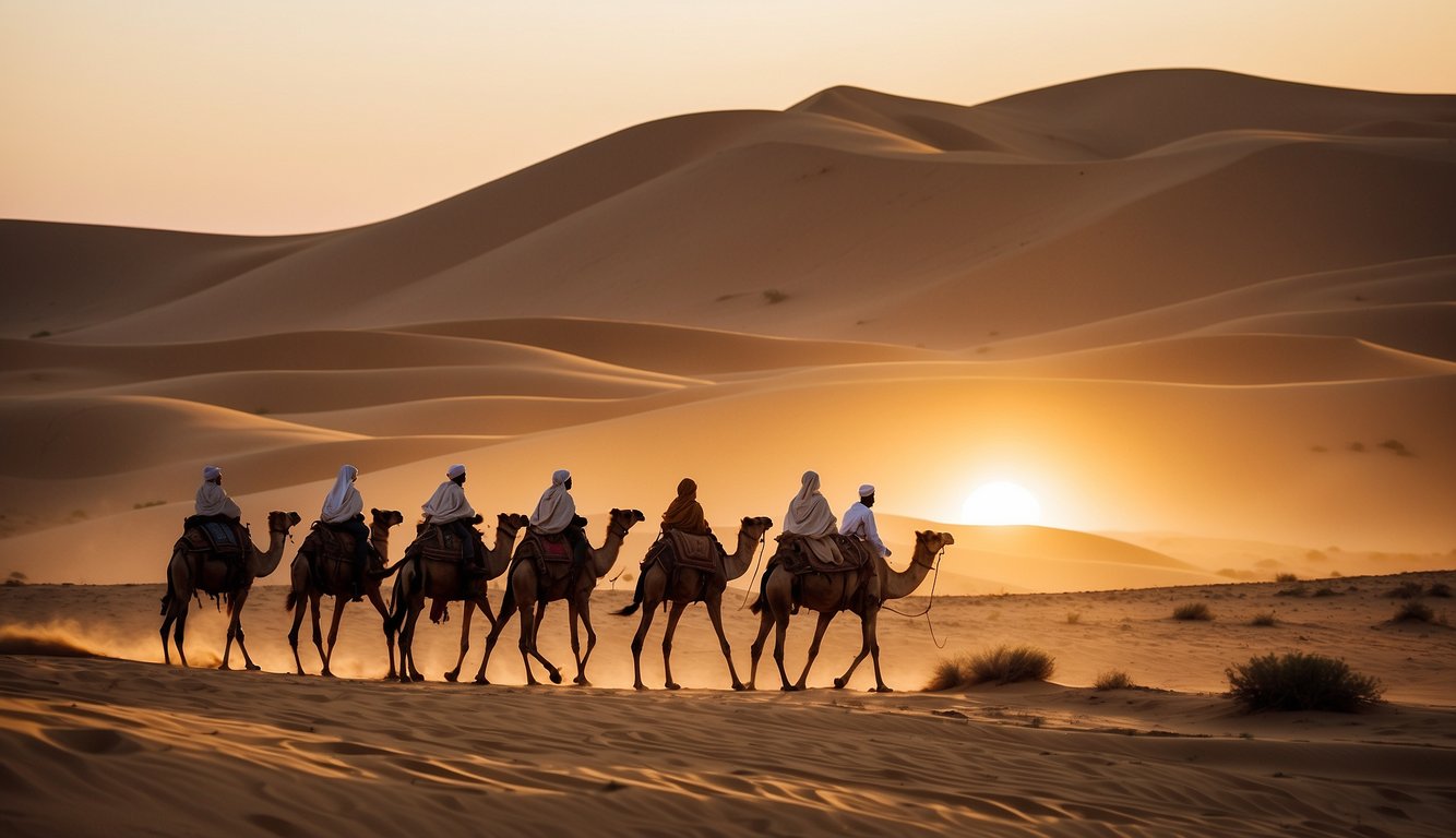Camel caravans traverse sandy desert dunes, with the sun setting behind ancient historical highways