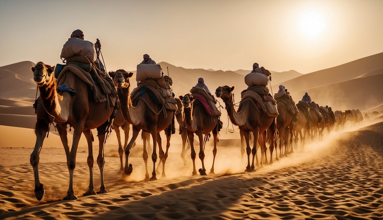 A camel caravan traverses the desert, laden with goods.

The sun beats down, casting long shadows on the golden sand. The traders press on, their camels resilient in the harsh environment