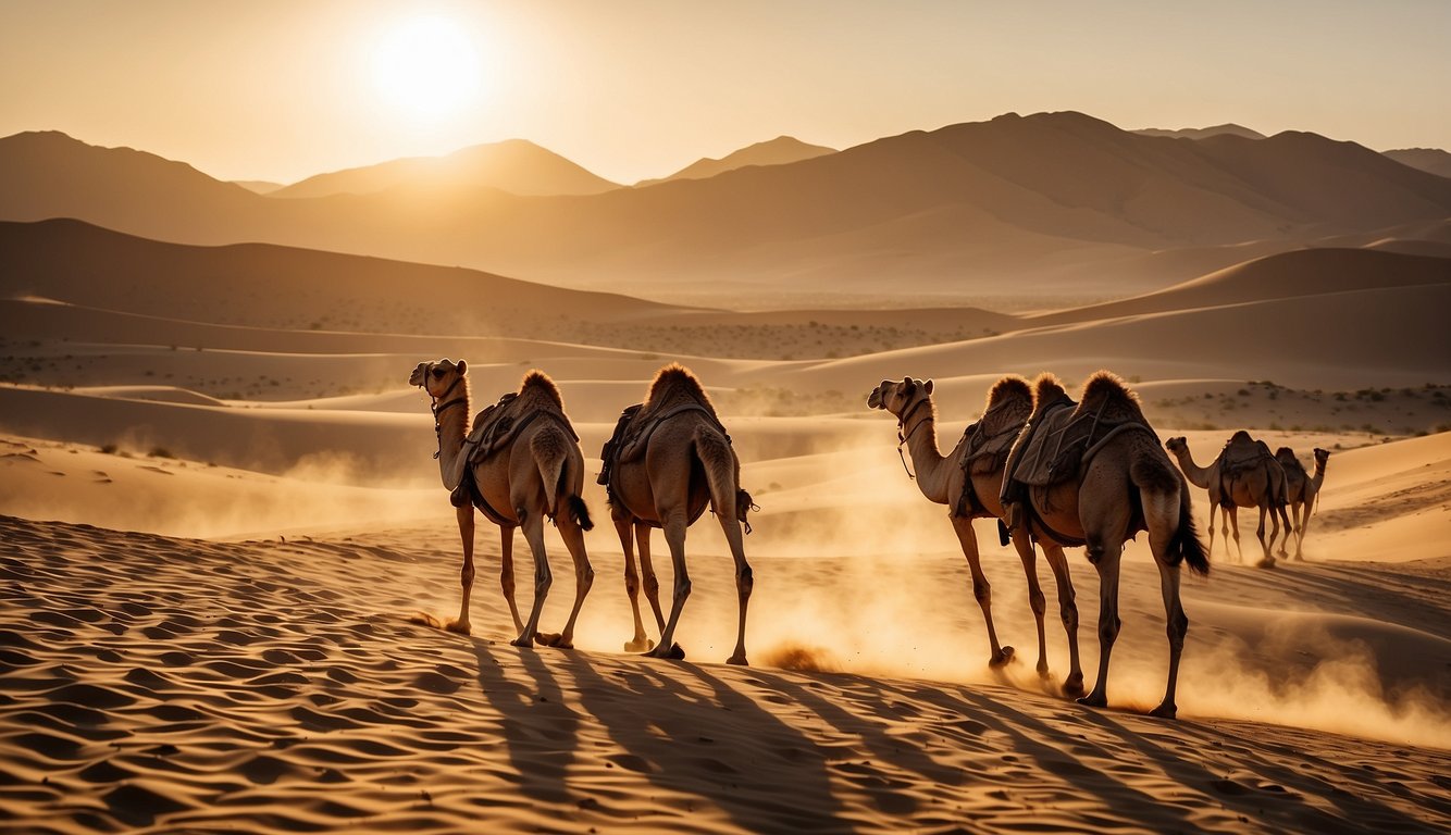 A caravan of camels trek through the scorching desert, with towering sand dunes and a blazing sun in the background
