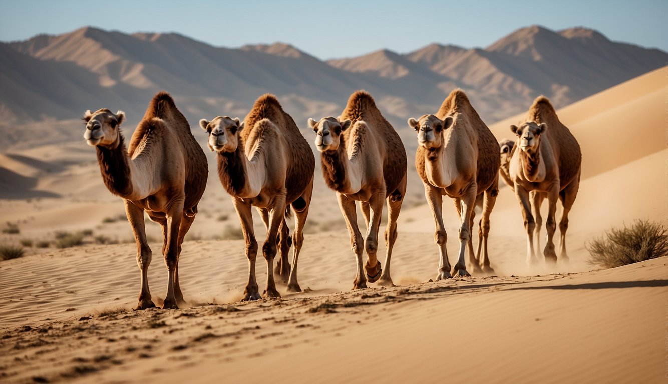 A line of camels trekking through a vast, arid desert landscape under the scorching sun, with sand dunes and a cloudless blue sky in the background