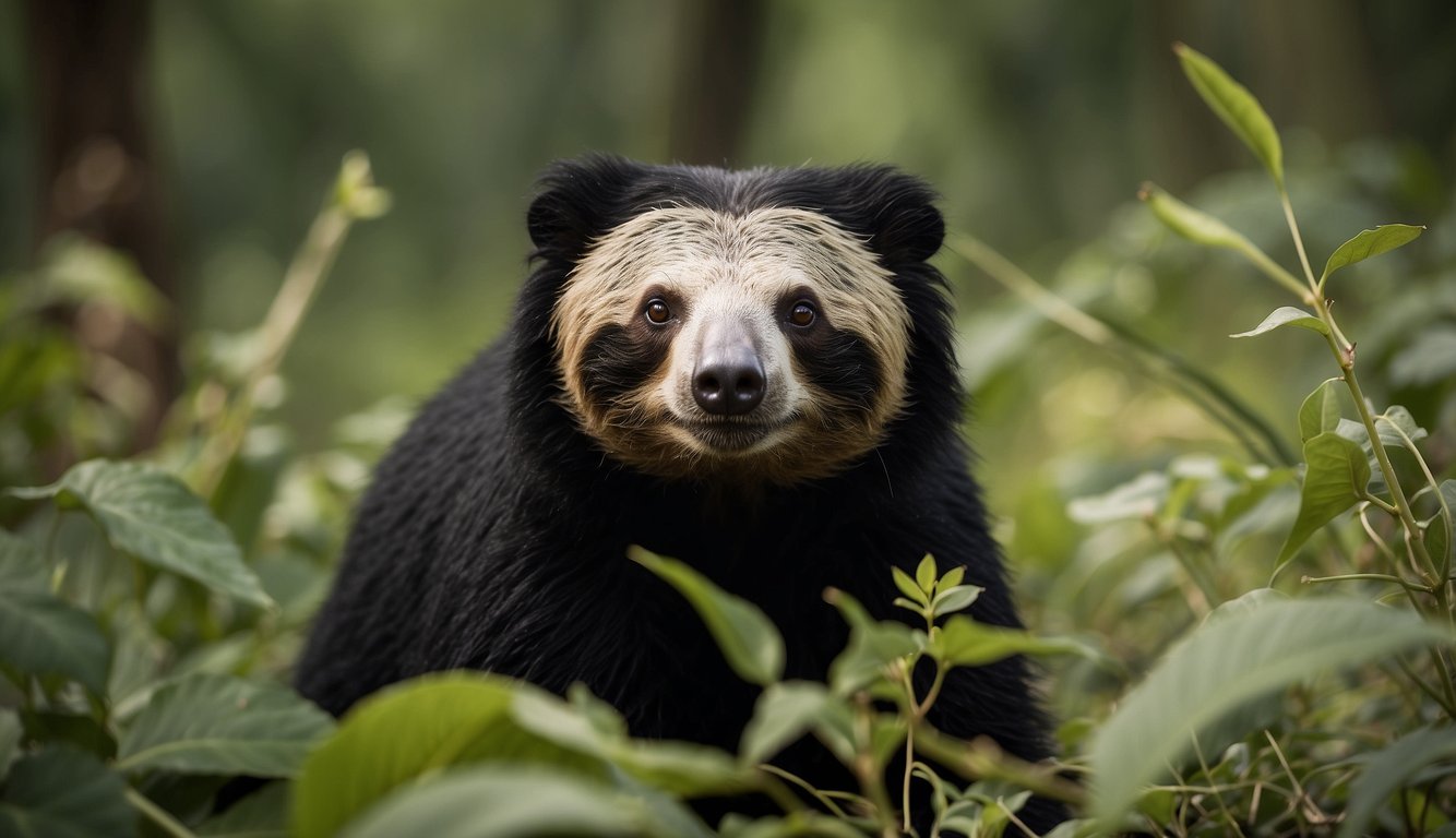 A sloth bear foraging for honey in the lush forests of India, surrounded by dense vegetation and vibrant wildlife